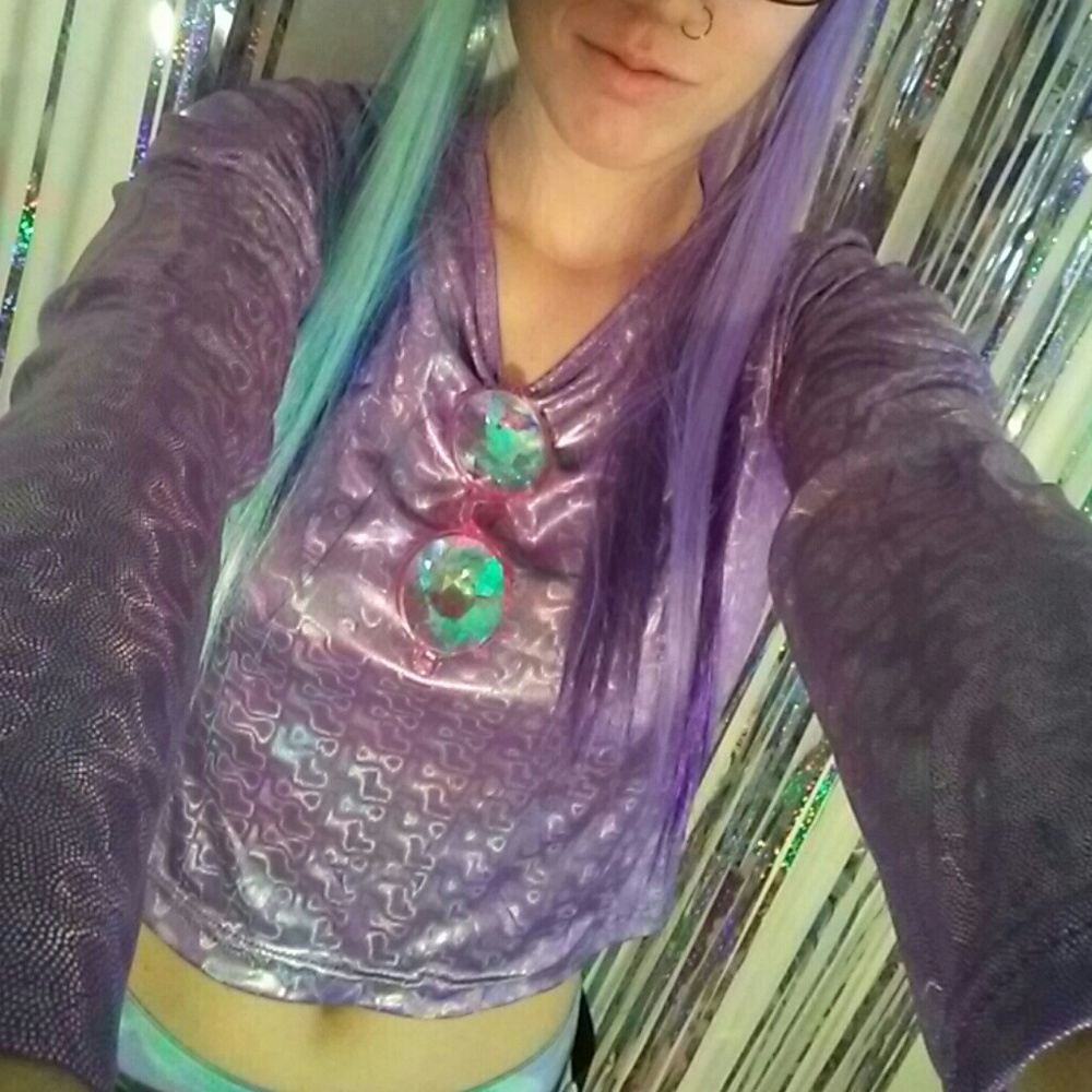 Futuristic holographic iridescent rave crop top